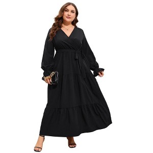 Womens Plus Size V Neck Wrap Maxi Dress High Waist Ruffle Summer Casual Dress with Belt - 1 of 4
