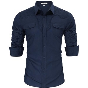 Men's Cowboy Shirt Western Floral Embroidered Casual Button Down Long Sleeve Shirts with Pockets - 1 of 4