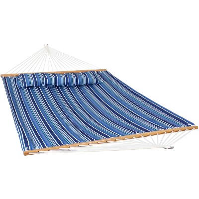 Sunnydaze 2-Person Quilted Printed Fabric Spreader Bar Hammock/Pillow with S Hooks and Hanging Chains - 450 lb Weight Capacity - Breakwater Stripe