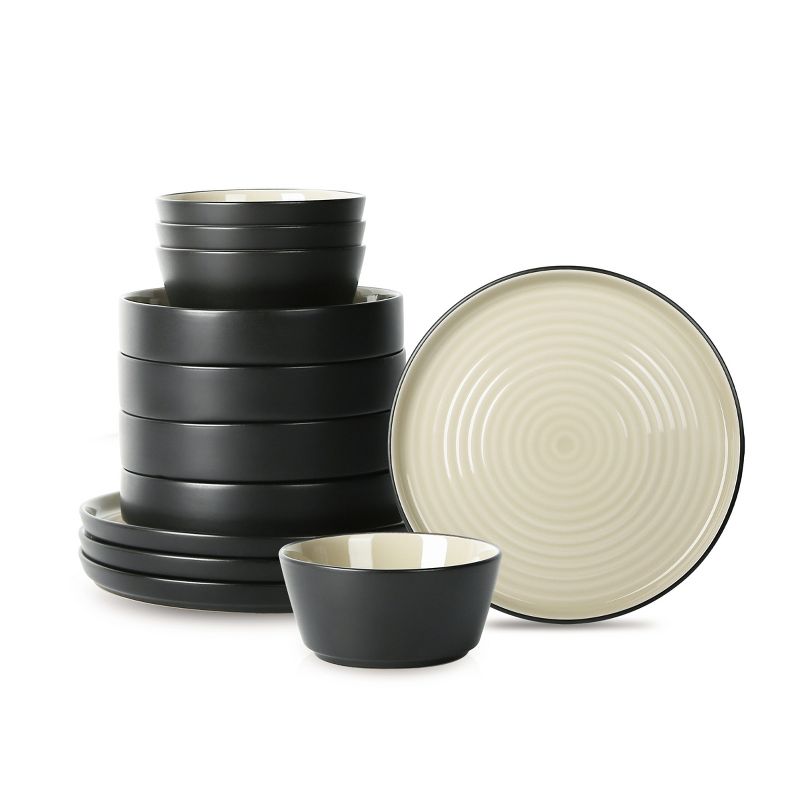 Stone Lain Elica 12-Piece Dinnerware Set Stoneware, Service for 4, Beige and Black, 1 of 8