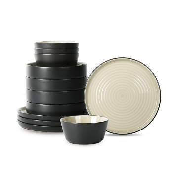 Stone Lain Elica 12-Piece Dinnerware Set Stoneware, Service for 4, Beige and Black