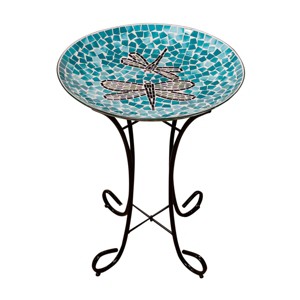 23" Outdoor Mosaic Dragonfly Glass Birdbath Bowl with Metal Stand Turquoise Green - Alpine Corporation - 1 of 4