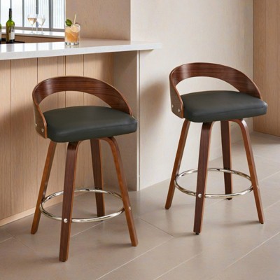 Bar Stools Set of 2, Swivel Bar Height Stools with Low Back, Wood Bar Chairs with Soft Cushion Seat, 25-Inch Seat Height - Leovsnove