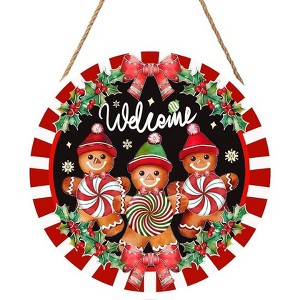 Lomsoe Christmas Gingerbread Welcome Door Sign For Front Door Decor Red White Stripes Wooden Sign 8"x 8" Round Wood Hanging Door Sign Christmas Decor - 1 of 1