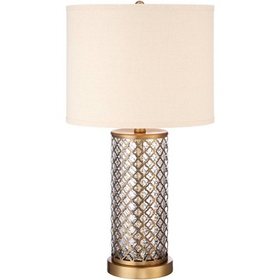 360 Lighting Modern Table Lamp Brass and Clear Mercury Glass Off White Drum Shade for Living Room Family Bedroom Nightstand Office