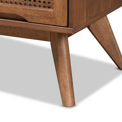 Walnut Brown Mid-Century Wood and Rattan 4-Drawer Chest