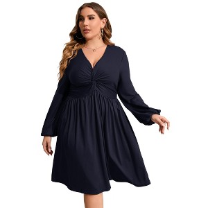 Clearlove Plus Size Dresses for Women V Neck Long Sleeve Twist Knot Front Flowy Dresses - 1 of 4