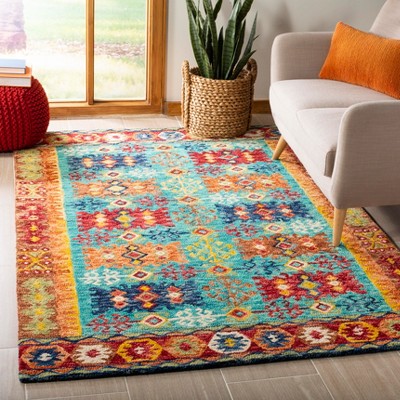 Handmade Blue and Red Geometric Wool Area Rug, 5' x 8'