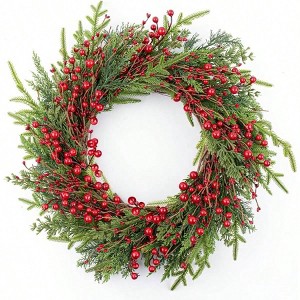 20 Inches Classic Rustic Wreath Green Norfolk Pine Needle Red Berry Xmas Winter Wreath for Front Door Window Porch Wall - 1 of 4