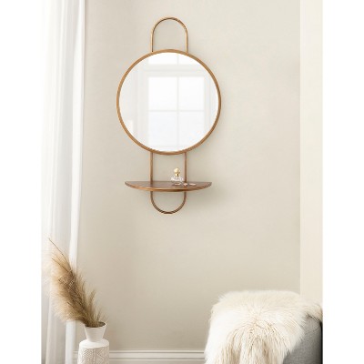 Gold Round Mirror with Wood Shelf, 19" x 33"