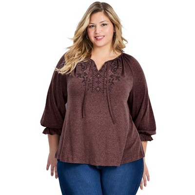 Avenue Women's Plus Size Brie Emblem Neckline 3/4 Sleeve Top
