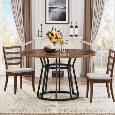 Brown Round Wood Dining Table with Black Metal Base, 47.2 Inch