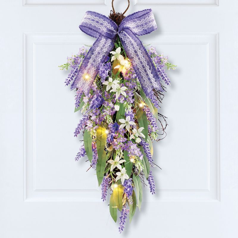 Collections Etc LED Lighted Purple Lavender Floral Mix Door Swag with Ribbon Trim, 2 of 3