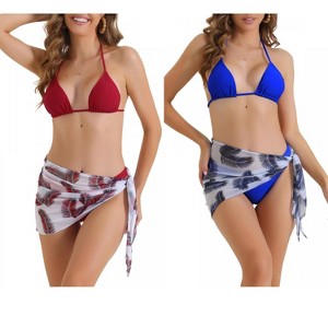 INSPIRE CHIC Women's Triangle Halter High Cut Thong Leaf Print Cover Up Skirt Swimwear Bathing Bikini Suits 2 Sets - 1 of 4