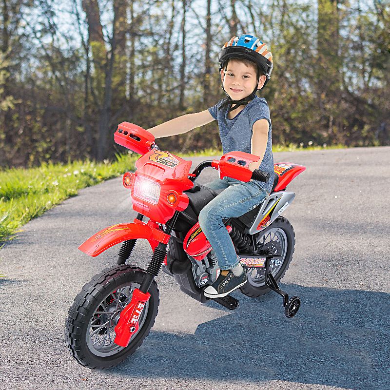 Aosom 6V Kids Motorcycle Dirt Bike Electric Battery-Powered Ride-On Toy Off-road Street Bike with Training Wheels Red, 2 of 9