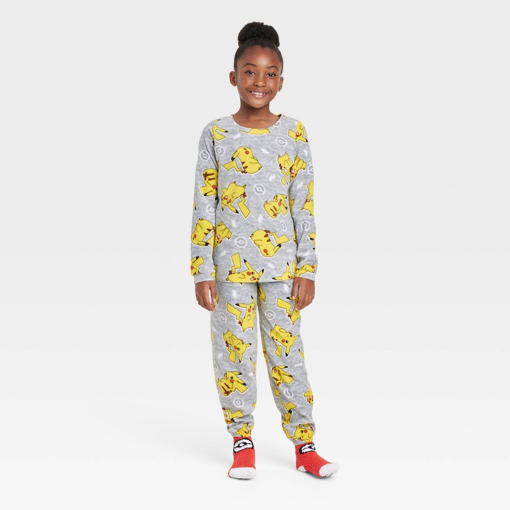 Girls Pokemon Pikachu Pajama Set with Cozy Socks Gray M