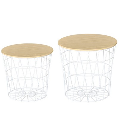 Set of 2 Round White Metal and Wood Nesting Tables