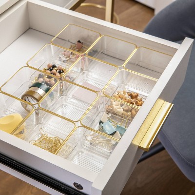 Martha Stewart 3" x 3" 12pc Plastic Stackable Office Desk Drawer Organizers with Gold Trim Clear: Gold Desk Accessories