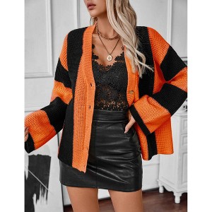 Women's Colorblock Lightweight Cardigan Sweaters Button Down Bell Sleeve Knit Outerwear - 1 of 4