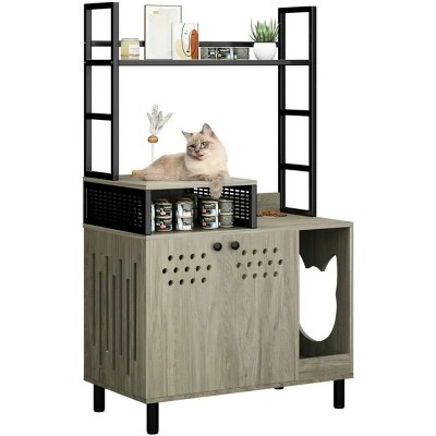 LunaLulinlk Gray wooden invisible cat litter cabinet, large cat litter box furniture with shelf storage rack