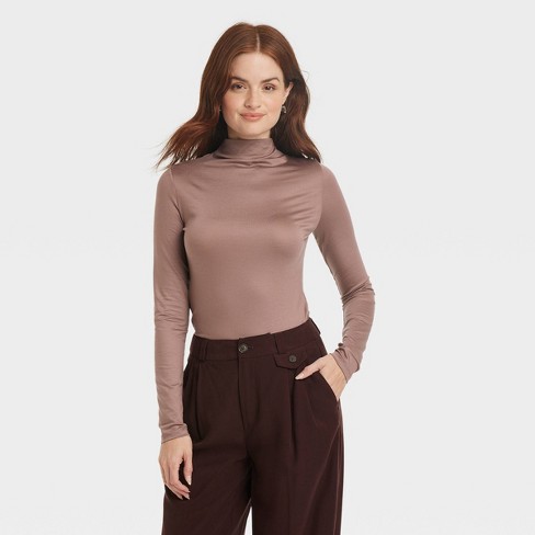 Women's Ruched Mock Turtleneck Long Sleeve T-Shirt - A New Day™ Tan L