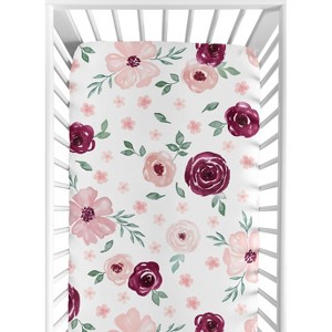 Sweet Jojo Designs Girl Baby Fitted Crib Sheet Watercolor Floral Burgundy Pink and White - 1 of 4