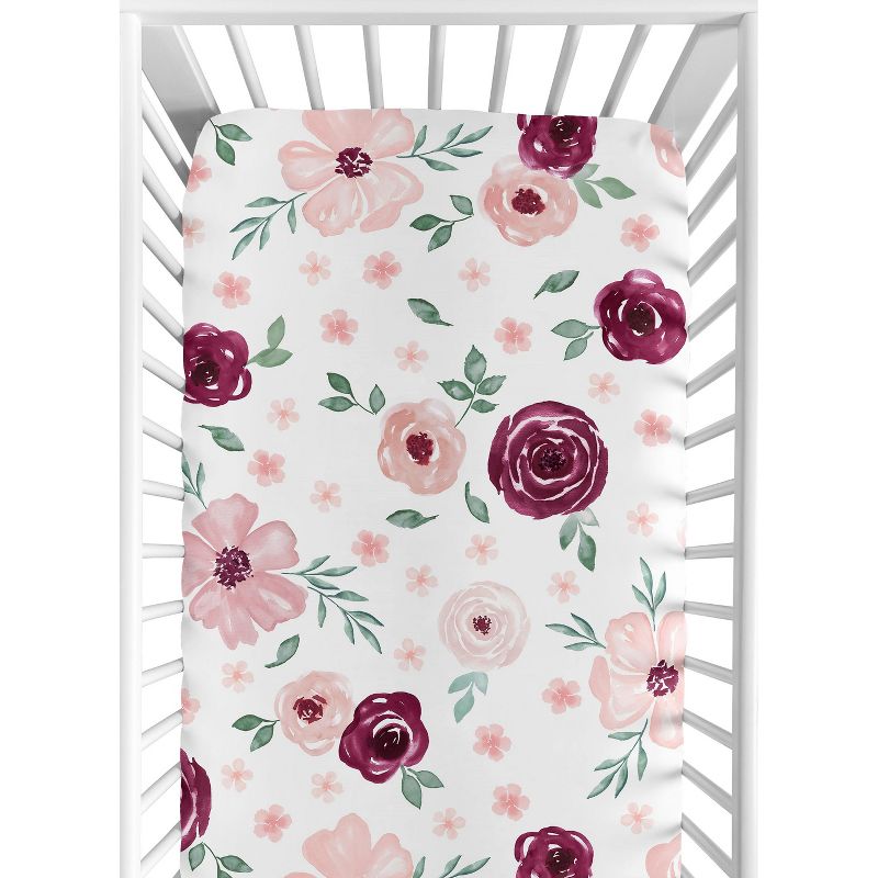 Sweet Jojo Designs Girl Baby Fitted Crib Sheet Watercolor Floral Burgundy Pink and White, 1 of 8