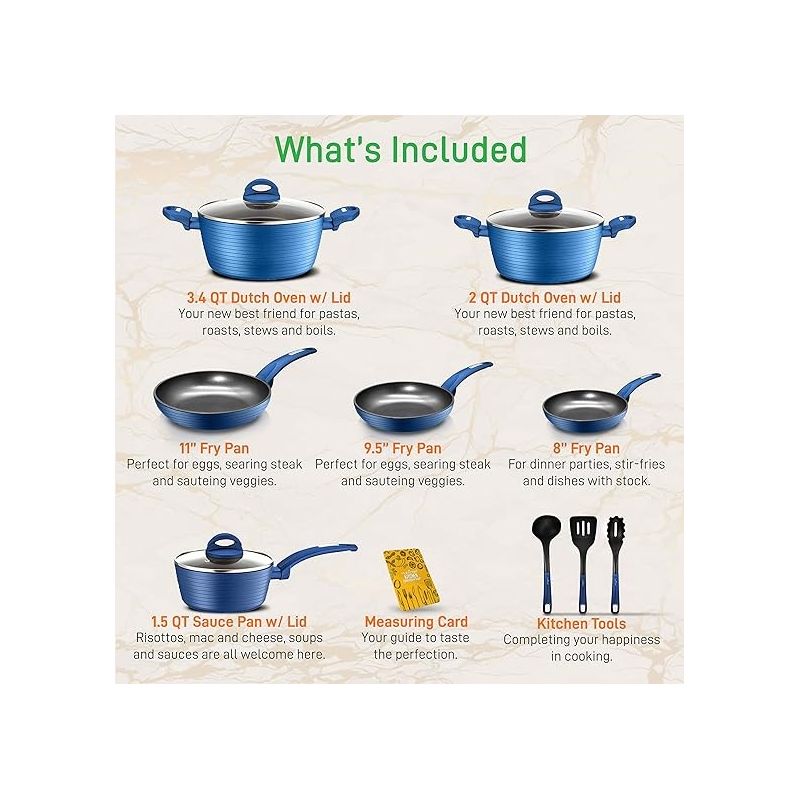 NutriChef 12pc Pots & Pans Set - Stylish Kitchen Cookware, Non-Stick Coating, Light Gray Inside and Blue Outside, 2 of 8