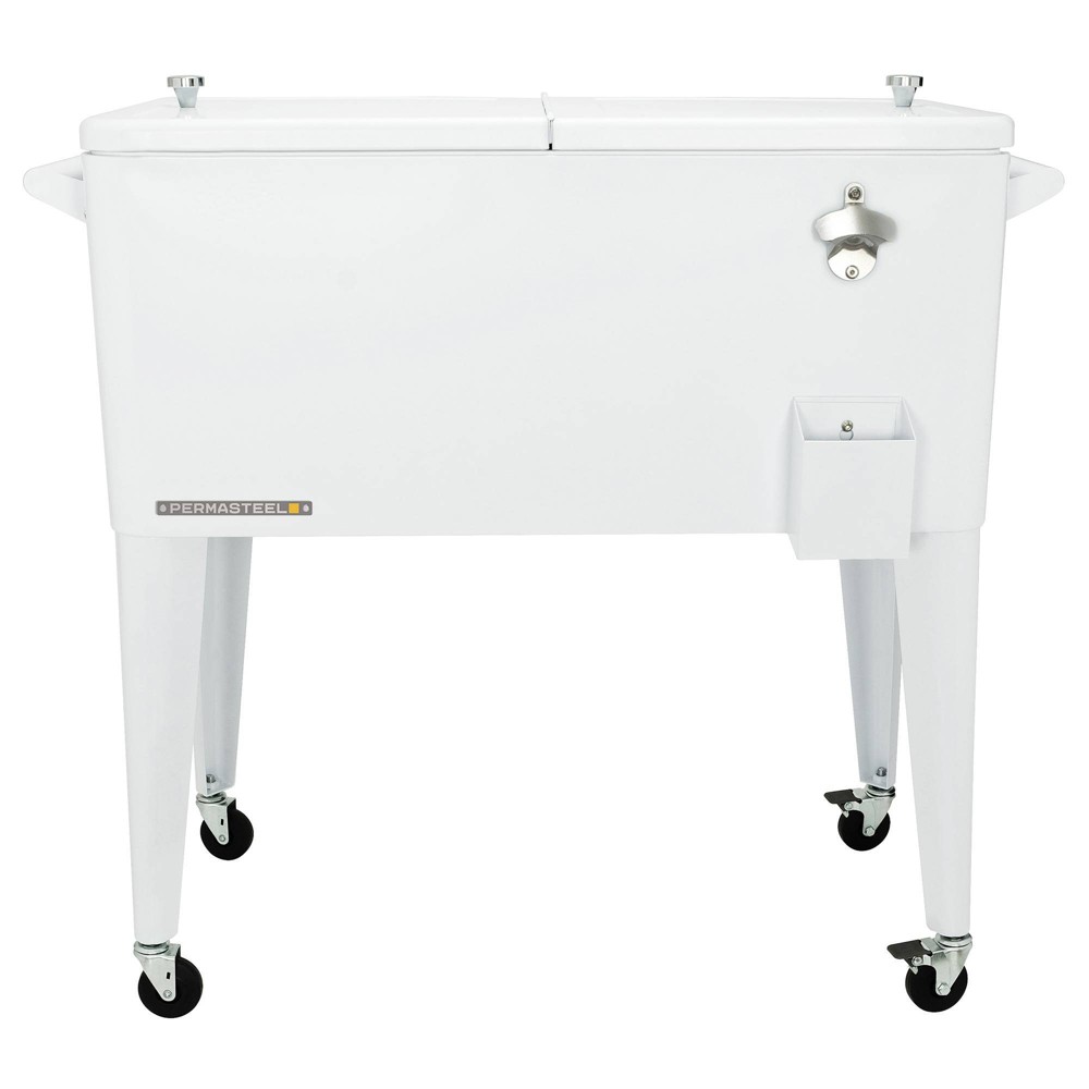 80qt Portable Rolling Patio Cooler - White - Permasteel: Outdoor Beverage Cart with Bottle Opener & Storage Compartment