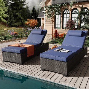 ODK Outdoor PE Wicker Chaise Lounge Chairs, Pool PE Wicker Lounge Chairs Set of 2, Brown Rattan Pool Lounge Chairs Adjustable Backrest Recliners - 1 of 4