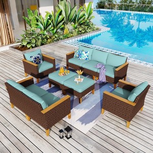 Captiva Designs 9pc Wicker Outdoor Patio Rattan Sectional Conversation Set with Cushioned Ottoman - 1 of 4