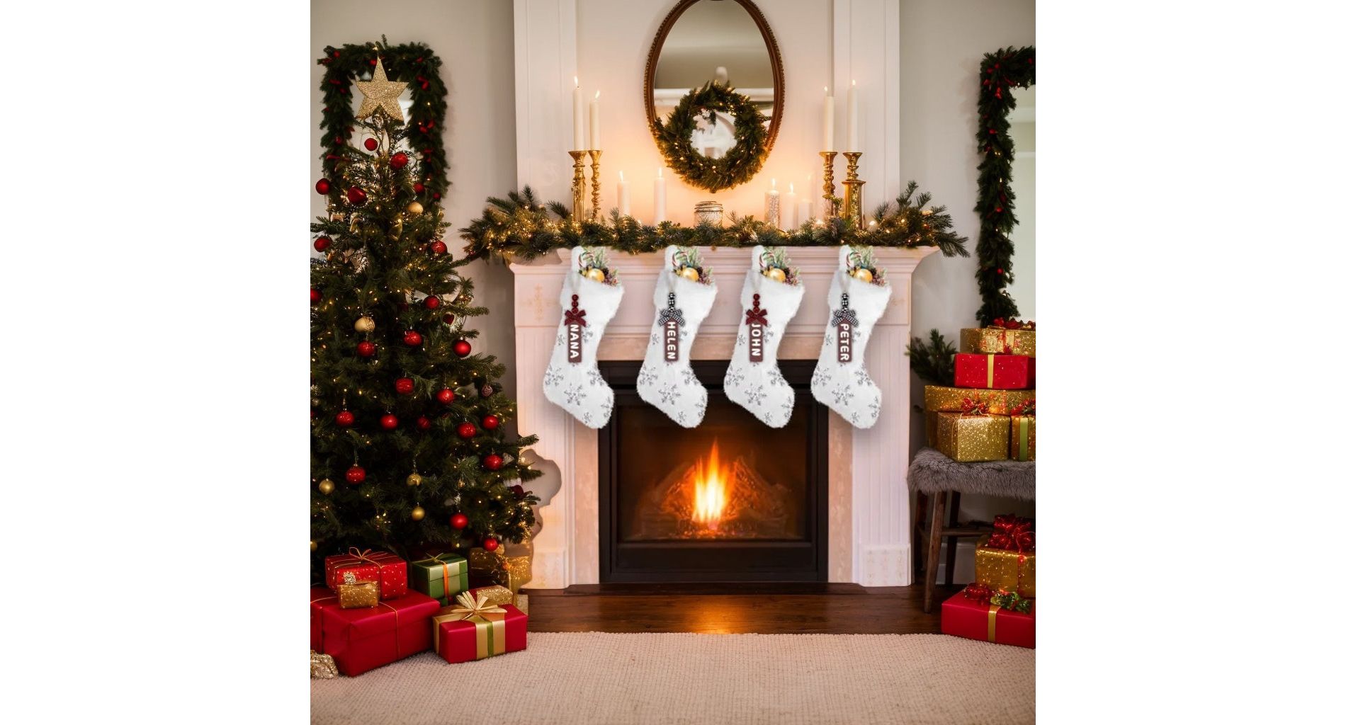 4 Pcs Grinch Christmas Decorations, 18" Personalized Christmas Stockings, Large Stocking Stuffers with DIY Tags for Holiday Mantel Tree Decor