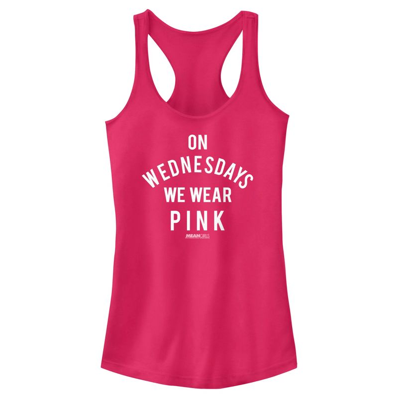 Junior's Mean Girls On Wednesdays We Wear Pink White Bold Racerback Tank Top, 1 of 5