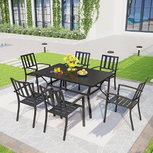 7pc Patio Dining Set, Rectangle Steel Table with Umbrella Hole, Stackable Stripe Pattern Arm Chairs - Black - Captiva Designs - 1 of 4