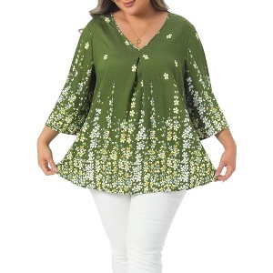 Women's Plus Size Boho Floral V Neck 3/4 Sleeve Casual Vacation Blouse - Agnes Orinda - 1 of 4