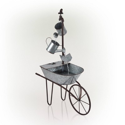 36" Silver Metal Wheelbarrow and Watering Can Fountain