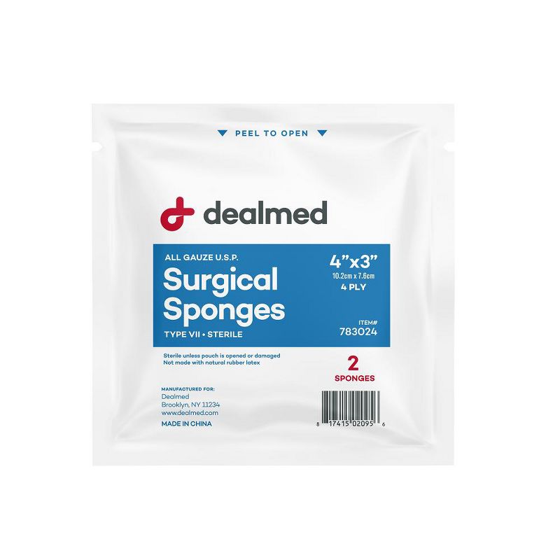 Dealmed 4’’ x 4’’ Sterile Gauze Pads, 12-Ply, Disposable, Individually Wrapped Packages of Two, White, 25 Count, 2 of 5