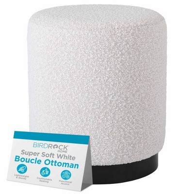 BIRDROCK HOME Round Boucle Ottoman Foot Stool | Soft Padded Vanity Stool | Sturdy Folding Storage Furniture, Living Room, Bedroom, Kids Room - White