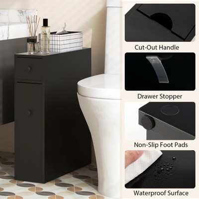 Black MDF Slim Bathroom Storage Cabinet with Slide Out Drawers