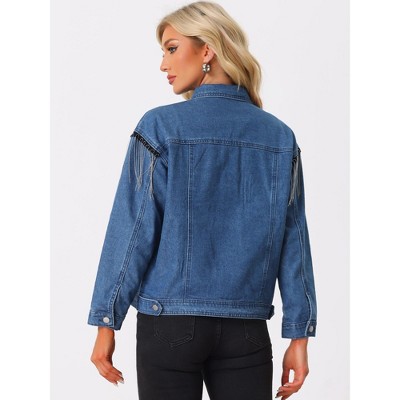 Allegra K Women's Button Front Tassel Beads Rhinestone Fringe Jean Jacket Blue Small — фото 3