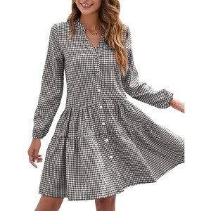 Coolmee Women's Mini Dresses Casual V Neck Button Down Long Sleeve Plaid Print Loose Flowy Shirt Dress - 1 of 4