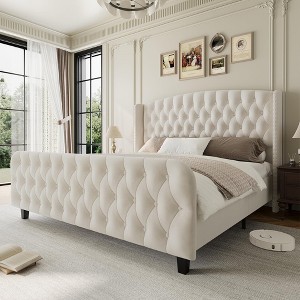 130cm high queen bed frame with deep button tufted headboard and footboard, velvet upholstered platform, cream - 1 of 4