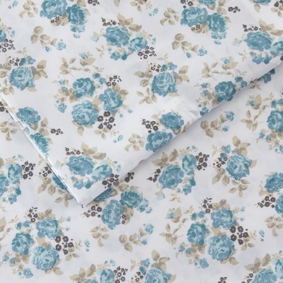 Forever Roses Full Size Blue and Beige Microfiber Sheet Set