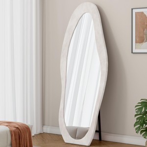 SEVOBAL Full Length Mirror 63" x 24" Flannel Wrapped Wooden Frame Irregular Wavy Design for Bedroom Living Room, White, 63"*24"*3.34" - 1 of 4