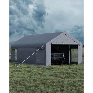 13x25 Ft Carport with 4 Windows, Car Port with 220g PE Tarp, 10 Sandbags,2 Roll-Up Doors for Full-Size Pickups, Bass Boats, Tractors, and SUVs - 1 of 4