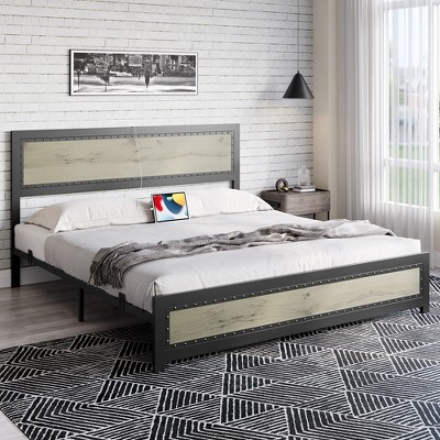 Whizmax Bed Frame with Headboard, Industrial Platform Bed Frame with Charge Station, No Box Spring Needed, Easy to Assemble, Gray