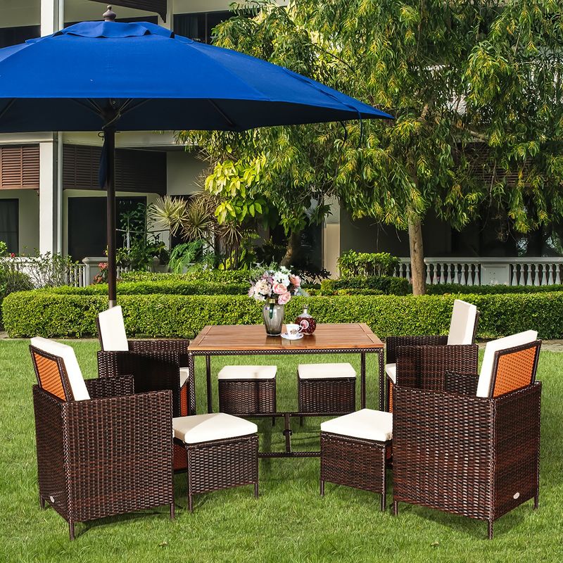 Costway 9PCS  Acacia Wood Patio Rattan Dining Set Cushioned Chairs Ottoman, 3 of 13