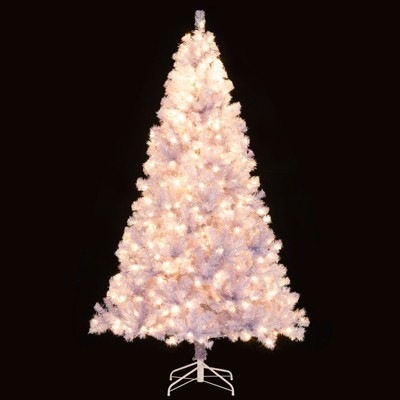 Tangkula 7.5FT Pre-lit Artificial Christmas Tree Hinged Xmas Tree with 1300 Branch Tips 550 Warm White LED Lights 8 Lighting Modes and Metal Stand