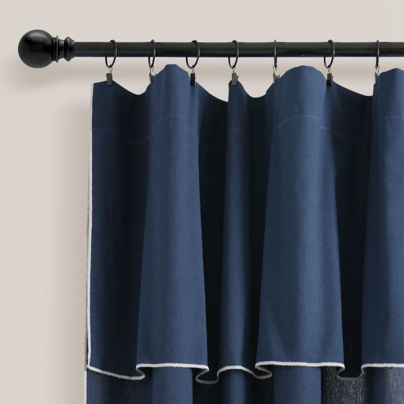 Modern Faux Linen Embroidered Edge With Attached Valance Window Curtain Panels Navy 52X84 Set, 2 of 7