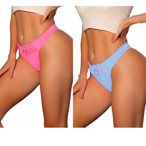 Allegra K Women's Low Waisted Smooth Elastic Lace Waist Solid Thongs 2 Packs - 1 of 4